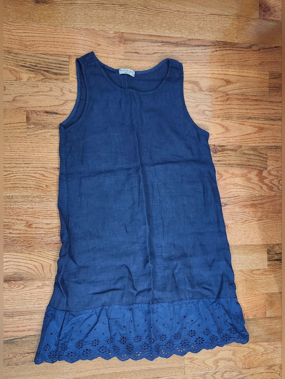 Terzo Millennio  Made In Italy Navy Sleeveless Linen Shift Dress with Eyelet Hem